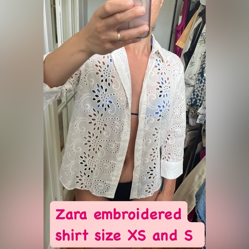 Zara White Embroidered Eyelet Shirt Button Down Blouse Floral Paisley